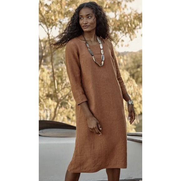 Lagenlook Dresses & Skirts - J. Jill Pure Jill Linen Square Neck Midi Dress Rust Terracotta Lagenlook‎ Sz Lg